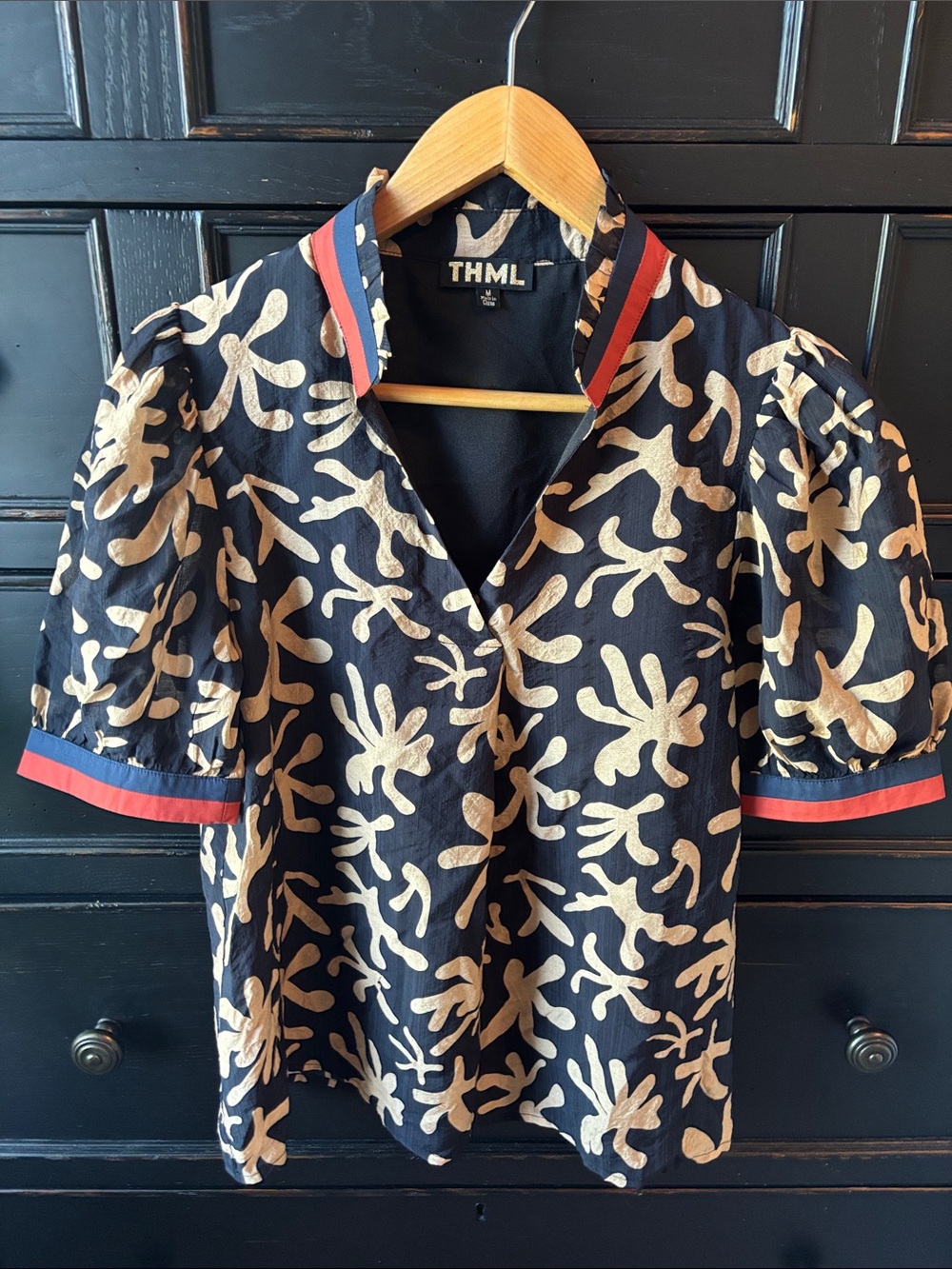THML Black  Blouse with Cream Abstract Print and Red Trim